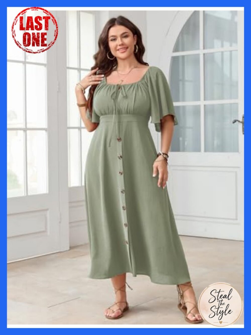 Sage Green Boho Plus Size Maxi Dress Square Neck Bell Sleeve Smocked Back Tie - Picture 3 of 6